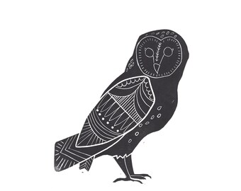 Linocut Owl Print / Modern Handcrafted Art