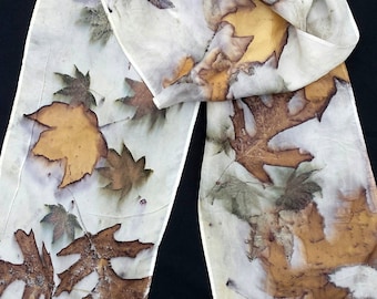 Stunning Ecoprinted Silk Scarf, maple, oak designs & colors imprinted from Nature, 8" x 72", Natural silk art by artist, OOAK, USA ship FREE