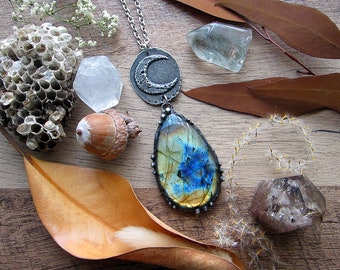 Necklace "Night" with large beautiful labradorite & rustic moon pendant. Custom length stainless steel chain.