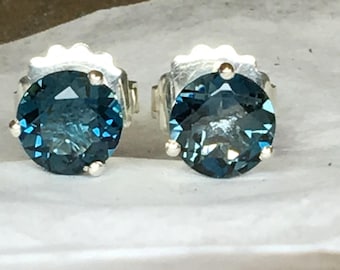 Blue Topaz Earrings, London Blue Topaz Earrings, London Blue Topaz Stud Earrings, London Blue Topaz,Sterling Silver, White Gold, Yellow Gold