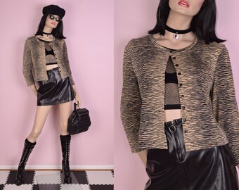 90s Tiger Print Striped Cardigan/ Medium/ 1990s/ Button Down Top