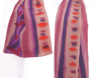 Scarf, hand painted silk: purples, oranges, and sand-beige. Painted silk scarf, purple and orange. Gift for her. Silk scarf for him too.