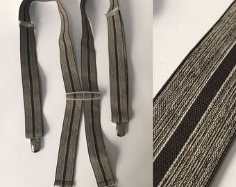 1970s Vintage Gray Brown Stripes Braces, Autumn Stripes, Stretch Button Clip On Suspenders, Great Condition Gift for Him, Vintage Wedding