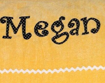 Personalized Large Sunshine Yellow Velour Beach Towel with Rick Rack or Ribbon, Bridal Party Gift, College Towel, Personalized Bath Towel