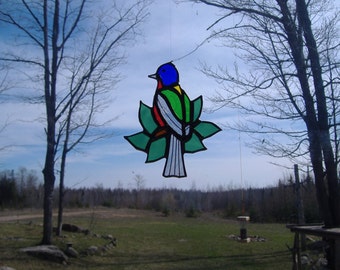 Painted Bunting/leaves stained glass suncatcher