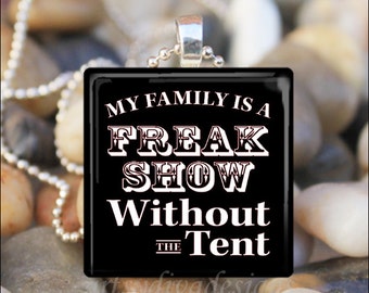 FAMILY FREAK SHOW Sarcastic Funny Humorous Evil Sassy Glass Tile Pendant Necklace Keyring