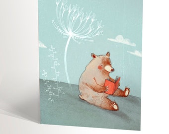 Greeting card for children | bear reading a book with a white flower | animal reading | funny drawing | 4,25’’ X 5,5’’