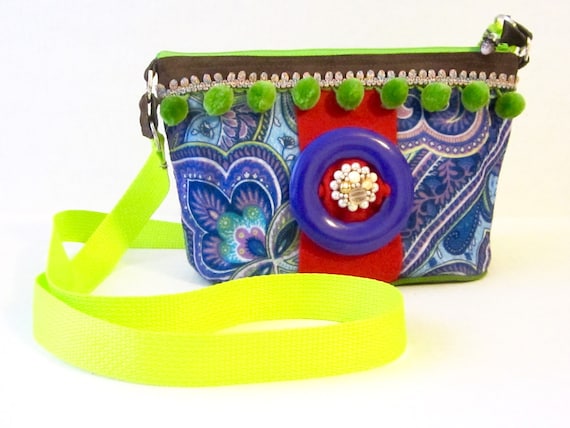 Crossbody Pom Pom Purse // Artsy Bag // One of a Kind Crossover // Bright Colors Shoulder Bag // Paisley Print Pouch // Eco Fashion