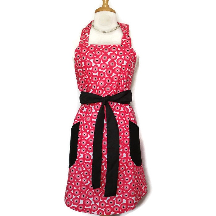 Classic Apron for women Hot Pink flowers Black Ties and