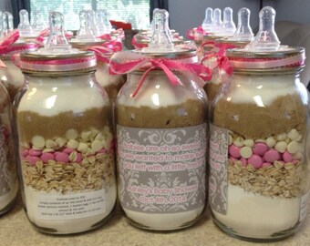 Pink & Gray Damask Oatmeal Chocolate Chip Mason Jar Cookie Mix - Baby Bottle Style