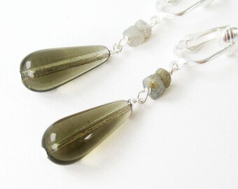 Gray Drop Dangle Clip-on Earrings, Silver Ear Clips, Smoky Grey Glass Teardrop Clipons for Non-Pierced Ears, Labradorite Accent, Julie