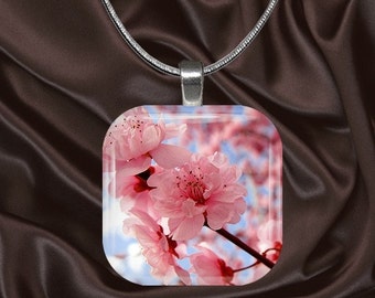 Cherry Blossoms Glass Tile Pendant with your choice of chain included(Cherry4.1)