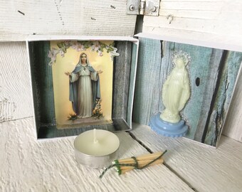 Tiny shrine prayer box Mary icon blue upcycled embellished/ free shipping US