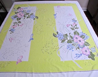 Vintage Tablecloth, Vintage California Hand Prints Tablecloth, 1940s, Vintage Linens, Floral Bouquet, Retro Linens, Chartreuse, Butterflies