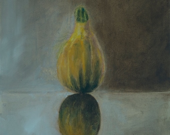 Autumn gourd original oil on canvas, painting, standing, reflection, green, yellow, earth colour, nature, celebration, birthday gift.