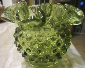 Vintage Fenton Hobnail Vase, Ruffled and Flared Top, Colonial Green