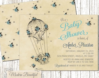 Baby Boy Balloon Vintage Baby Shower invitation, blue vintage baby invitation, shower invitation, boy baby shower invite, vintage balloon