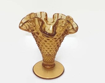 Small Fenton Vase, Amber Glass, Hobnail, Ruffled Edge, Vintage