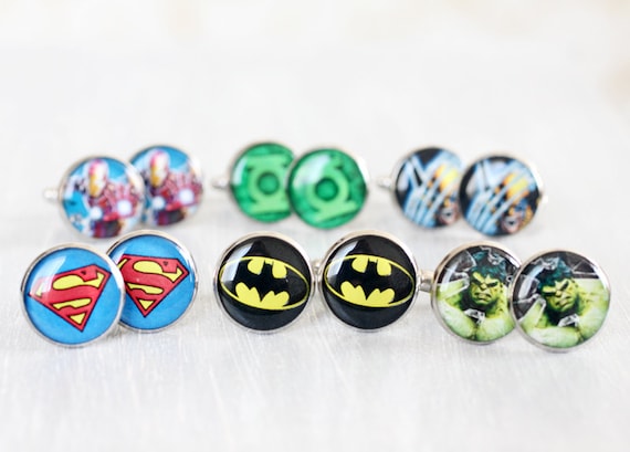 Wedding mens cufflinks - set of Groomsmen gifts - Comic Superhero - Superman, Batman, Green Lantern, Wolverine, The Hulk, Iron Man