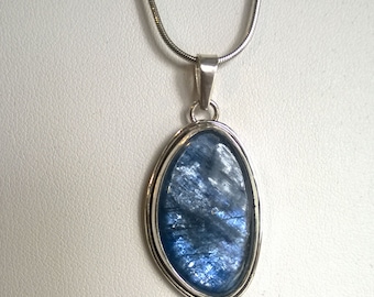 Simple Blue Kyanite Freeform Oval Sterling Silver Pendant