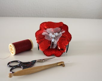 Handmade red flowered hair accessory/Present
