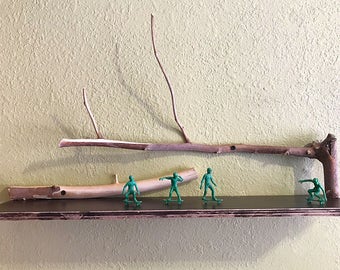 Reclaimed branch wood floor shelf