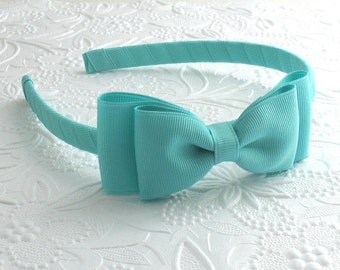Girls Headband ~ Aqua Bow on Hard Headband, Preppy Headband, Bow Headband, Toddler Headband, Girls Hard Headband, Adult Bow Headband