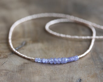 Tanzanite necklace - delicate layering necklace - genuine tanzanite jewelry gemstone necklace, gold seed beads, tanzanite beaded necklace