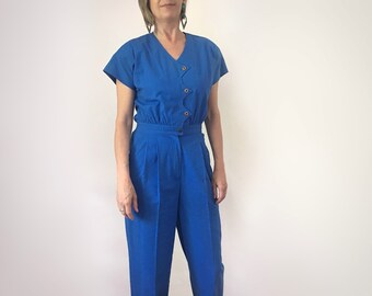 Jumpsuit, Vintage Jumpsuit Women, Blue Jumpsuit, Button Front, Asymmetrical Zig Zag Front
