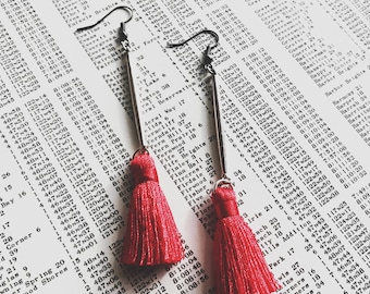 Red tassel earrings with silver findings