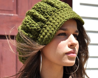 Women's Crochet Newsboy Hat with Brim - Olive Green Hat - Gift for Her - Crocheted Hat Adult - Woman's Hat - Newsboy style cap - Slouchy Hat