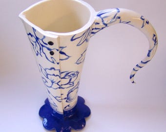 Delft Blue whimsical pottery Pitcher or Vase hand-painted delphinium blue floral design indigo Dutch ceramic collection