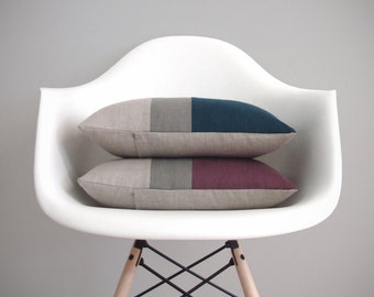 Decorative Pillows, Colorblock Pillow Cover in Lake or Amethyst Linen with Grey Stripe by Jillian Rene Decor - Dark Teal - Purple - FW2015
