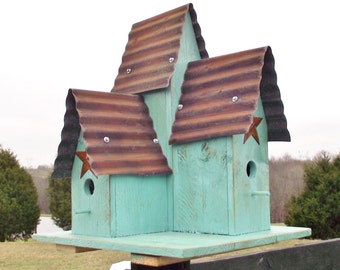 Turquoise Blue LARGE Triple Bird House Repurposed wood Old Repurposed Tin with Rusty Barn Star Hand Made Bird House