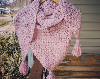Women's triangle scarf/shawl-pink triangle scarf-pink shawl-pink shawl with tassels-pink scarf with tassels-mothers day gift