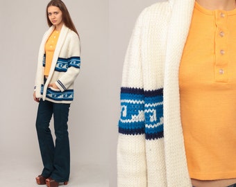 Wrap Sweater Ethnic Cardigan Bohemian Aztec Sweater 70s Boho Tribal Southwest Off-White 80s Vintage Oversized 1970s Blue Medium