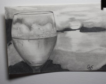 Original pencil drawing - Wine at Sunset - 4 x 6 pencil drawing