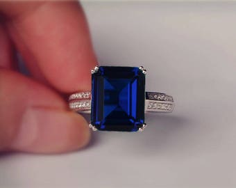 Blue Sapphire Ring Emerald Cut Sapphire Engagement Ring/ Wedding Ring 925 Sterling Silver Ring Anniversary Ring