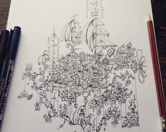 Steampunk Mushroom Airship - Digital Colouring Page