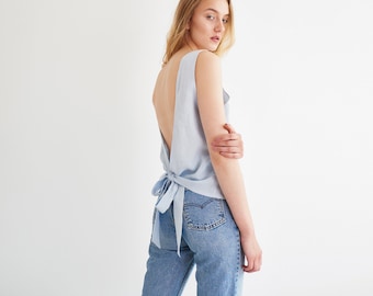 KAREN Tie Back Top / Washed Linen Deep Open Back Blouse / Women Sleeveless Linen Tank Top