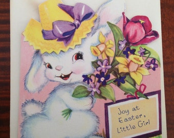 Vintage Easter Card For Little Girl - Juvenile Easter Bunny Floral Greeting Card - Unused with Envelope - By Wipco