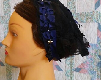 Black Lace Fanchon Styled Day Cap with Navy Blue Ribbon
