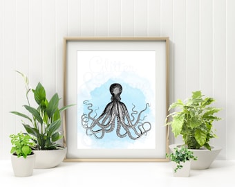 50% OFF SALE Octopus with Watercolor Background *Digital Printable 8x10, 5x7
