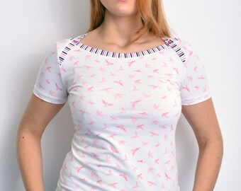 white jersey top birds stripes buttons