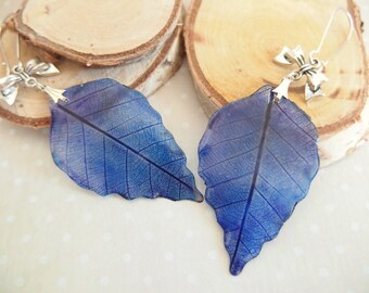 Blue leaf earrings / purple