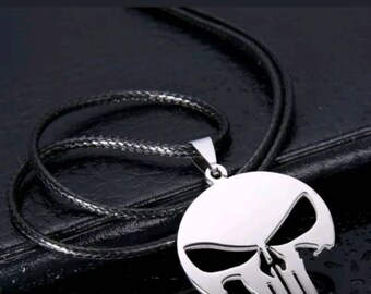 Men Silver Stainless Steel Skull Head Pendant Necklace Chain. The Punisher