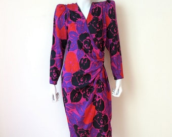 Vintage Flora Kung Silk Print Wrap Dress/Red Print Silk Evening Dress/1980's Flora Kung Silk Dress/30" Waist/Medium