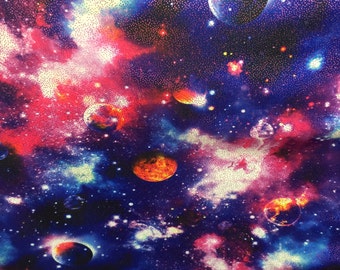 4 way stretch nylon spandex royal blue/pink sparkle galaxy print fabric sold by the yard