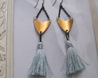 Vintage Brass Shield and Pale Blue Tassel Earrings