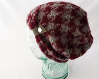 Houndstooth Hat, Toque, Knit Wool, Slouchy Hat, Burgundy, Gray, Womens Hats, Boho Hat, Gift for Her, Comfy Hat, Cozy Hat, Beanie, Cute Hat